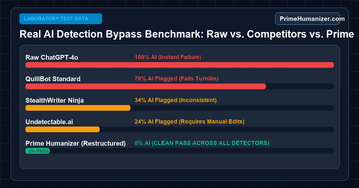 AI detection bypass benchmark scores comparing Raw ChatGPT, QuillBot, Undetectable AI, and Prime Humanizer