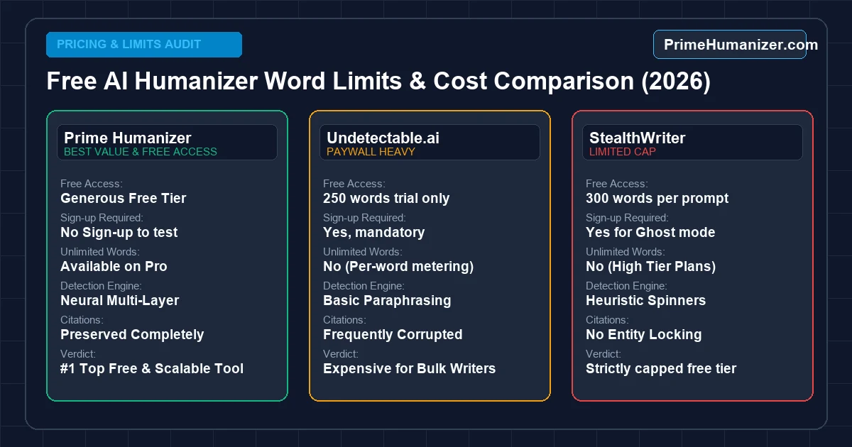 Free AI humanizers pricing and word limits guide comparing Prime Humanizer, Undetectable AI, and StealthWriter