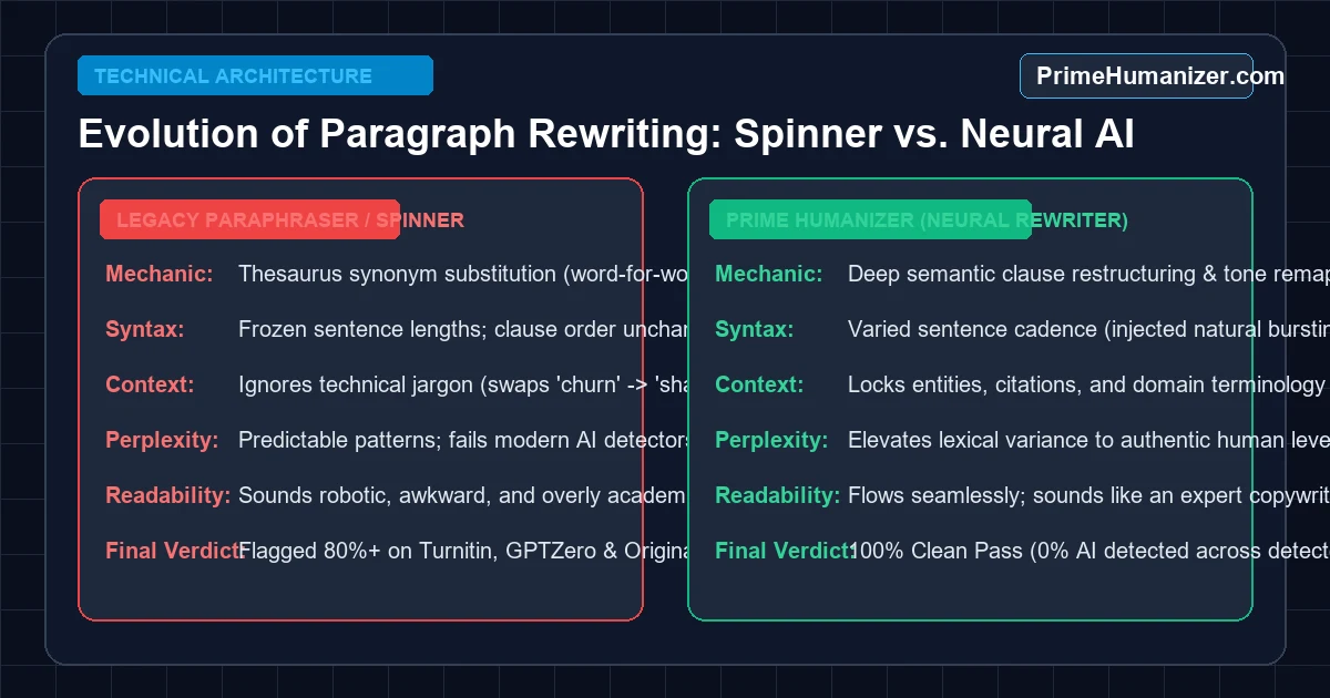 Evolution of AI paragraph rewriting comparing legacy article spinners with modern neural AI humanizers