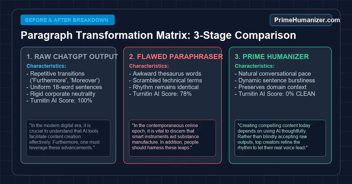 3-stage paragraph transformation matrix comparing raw ChatGPT output, flawed paraphraser, and Prime Humanizer clean output