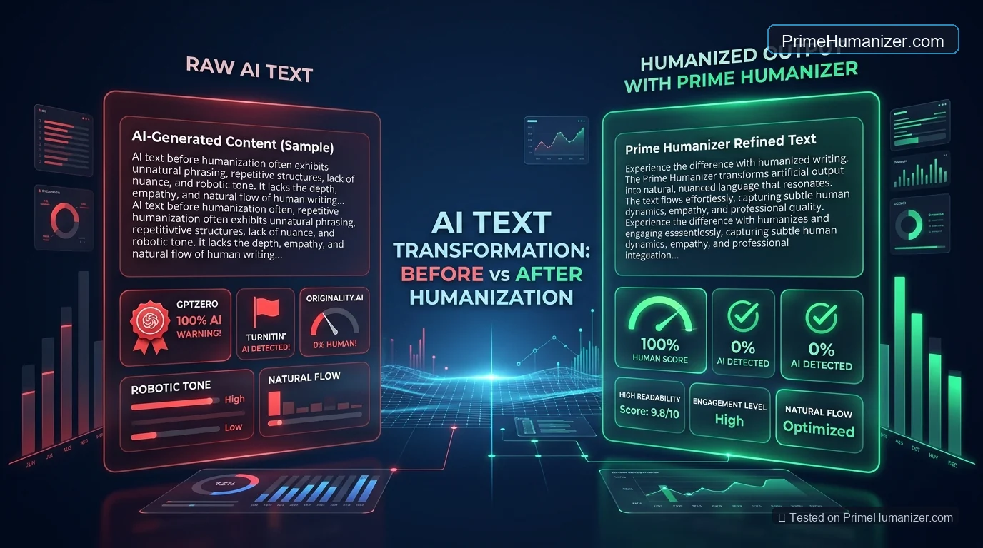 Comparison dashboard of raw AI text failing detectors versus Prime Humanizer output achieving 100 percent human score