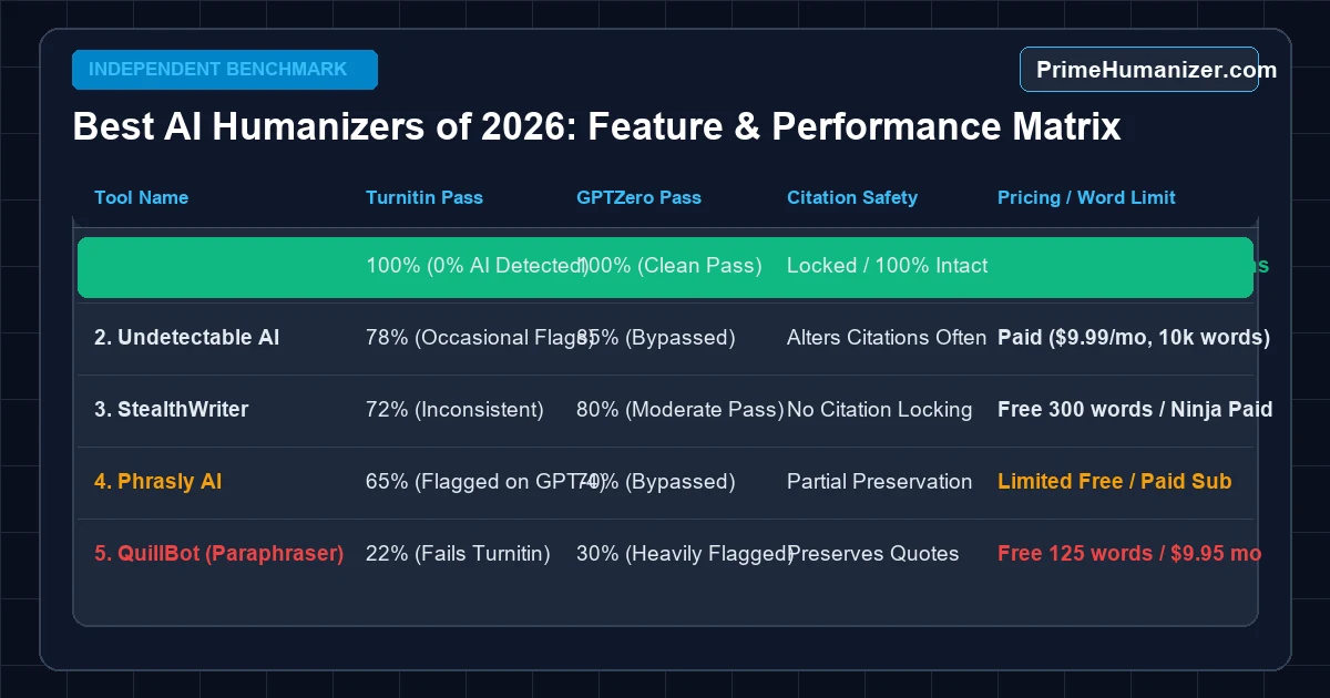 Best AI Humanizer Tools of 2026 feature and performance comparison matrix