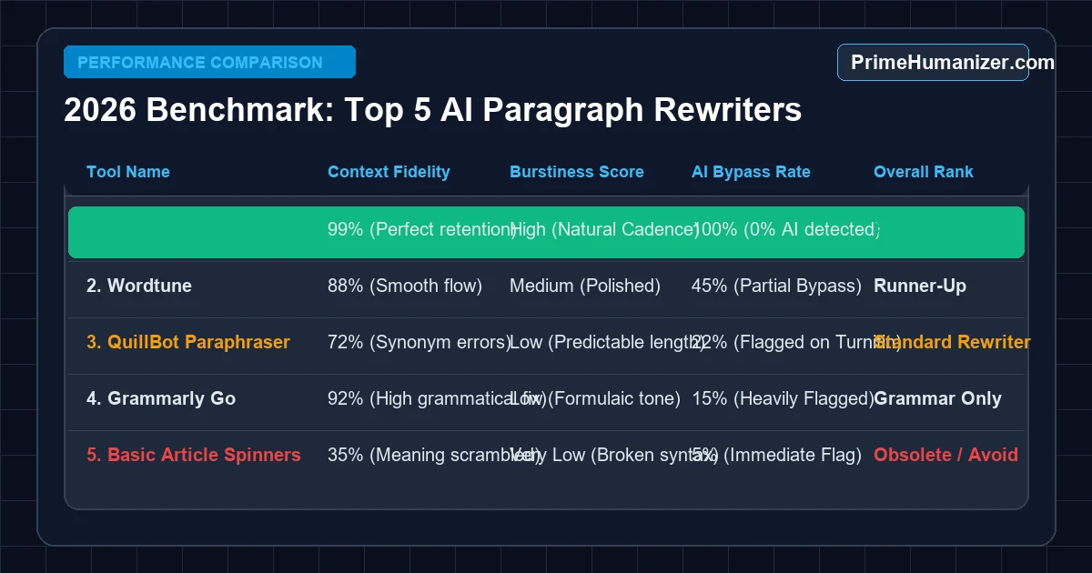 2026 benchmark scoring chart of top AI paragraph rewriters comparing Prime Humanizer, Wordtune, QuillBot, and Grammarly
