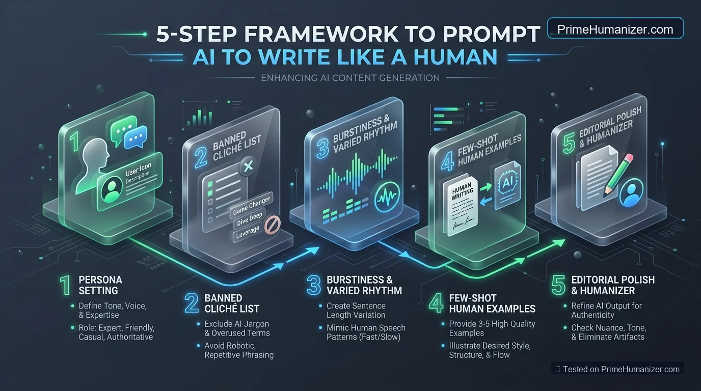 5-step framework diagram illustrating persona setting, banned cliché lists, burstiness injection, few-shot examples, and humanizer polish