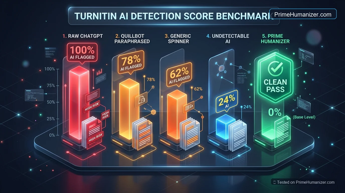Turnitin AI detection score benchmark comparing Raw ChatGPT, QuillBot, Undetectable AI, and Prime Humanizer clean pass