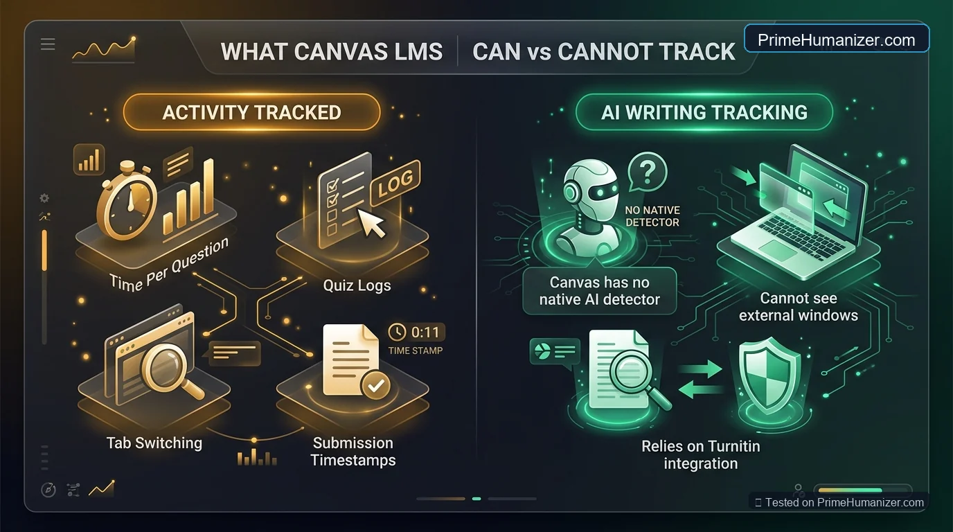 Comparison diagram showing what Canvas tracks like quiz logs and tab switching versus what Canvas cannot track regarding AI writing